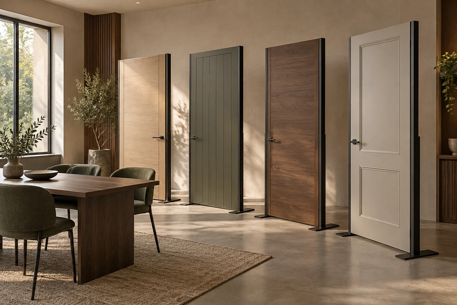 Bağımsız stantlarda kapıların sergilendiği temsili şube showroomu