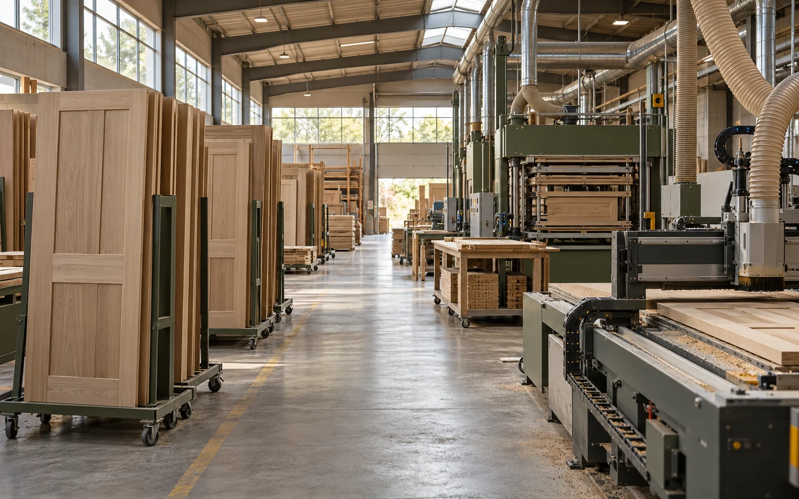 Ahşap kapıların ve üretim makinelerinin bulunduğu temsili fabrika iç mekânı